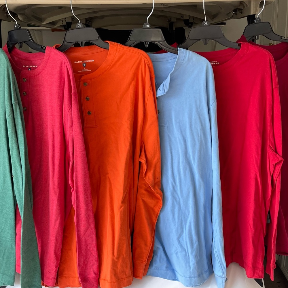 Men's Long Sleeve Henley Shirt - Red, Orange, Blue